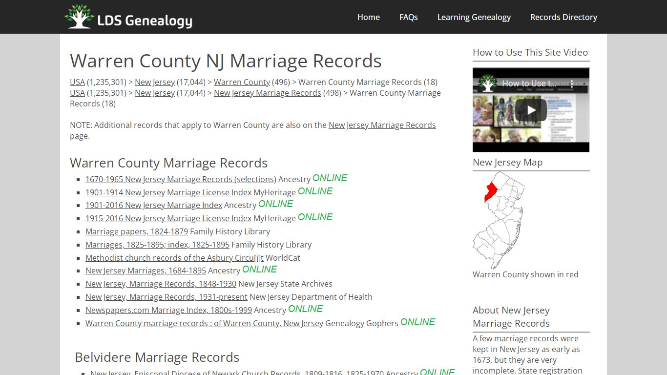 Warren County NJ Marriage Records - LDS Genealogy