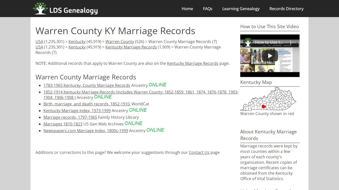 Warren County KY Marriage Records - LDS Genealogy